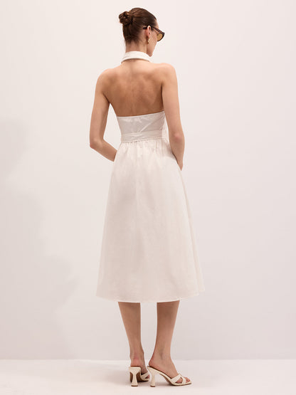 Cotton Embroidered Belted Halter Maxi Dress