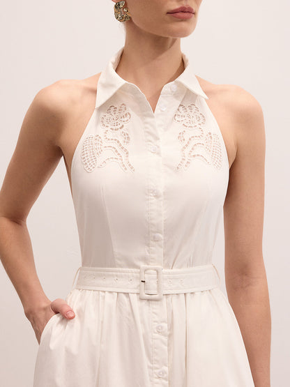 Cotton Embroidered Belted Halter Maxi Dress