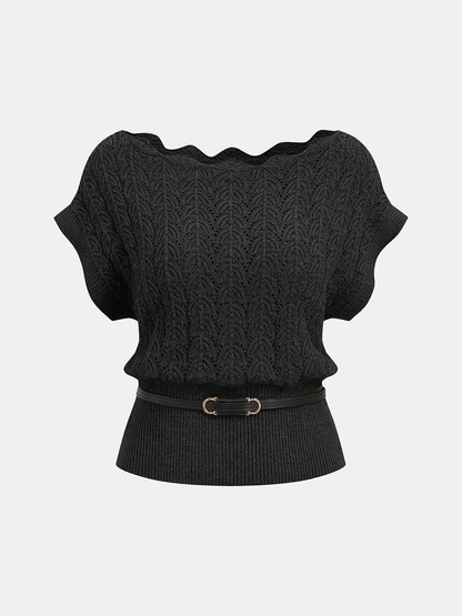 Scalloped Neck Belted Knit Top