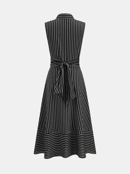 Striped Collared Sleeveless Tie Waist Midi Dress