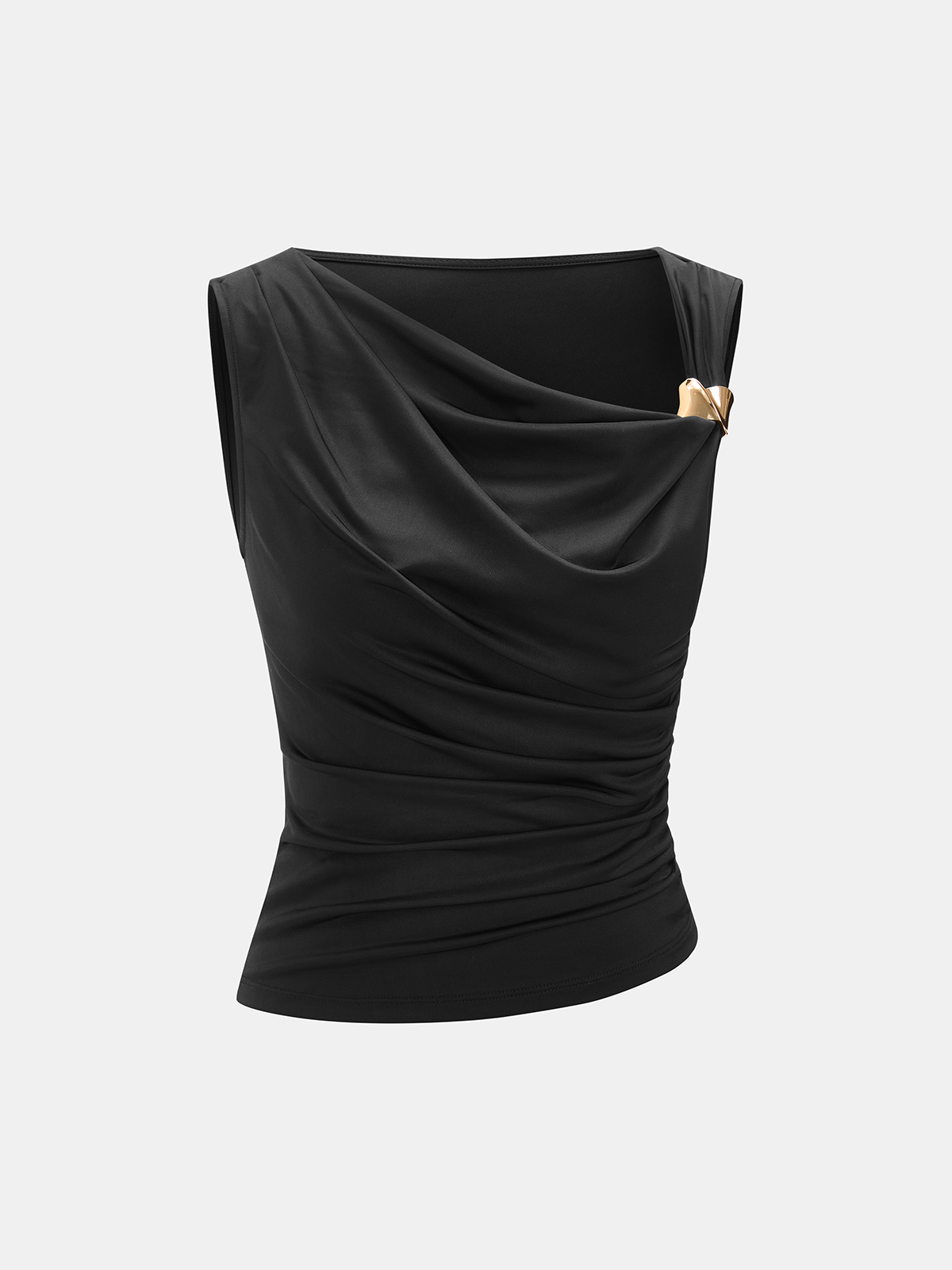 Metal Detail Satin Ruched Cowl Neck Tank Top
