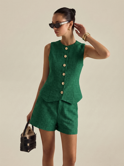 Tweed Buttoned Vest & Mini Shorts Set