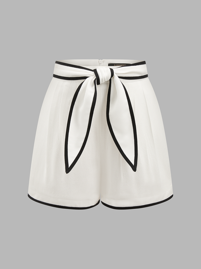Contrast Trim Cotton Linen Tie-Waist Shorts