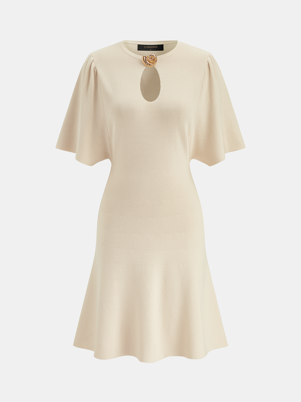 Keyhole Flared Sleeve Conch Detail Knit Dress