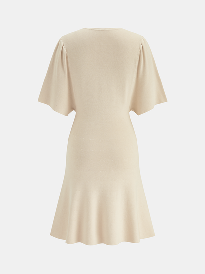 Keyhole Flared Sleeve Conch Detail Knit Dress