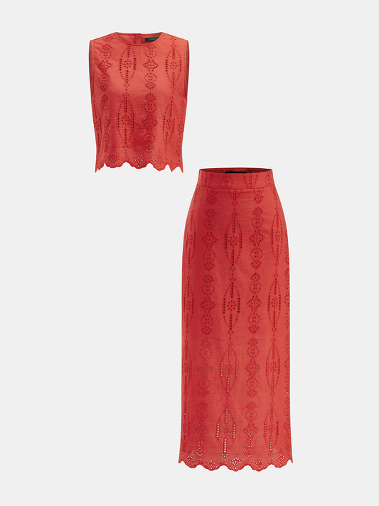 Cotton Eyelet Embroidery Top & Midi Skirt Set