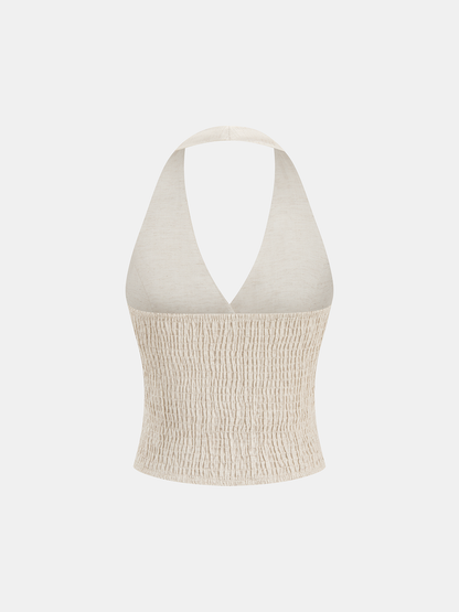 Linen Blend Halter Buttoned Top & Pants Set