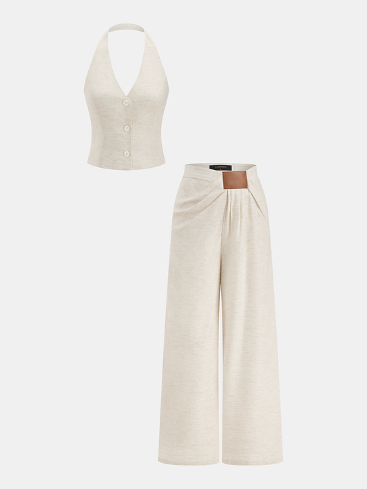 Linen Blend Halter Buttoned Top & Pants Set