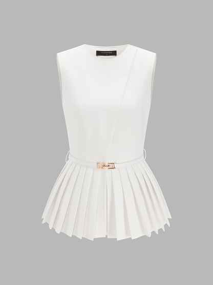 Belted Sleeveless Pleated Peplum Top