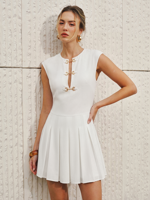 Sleeveless Horsebit Pleated Mini Dress