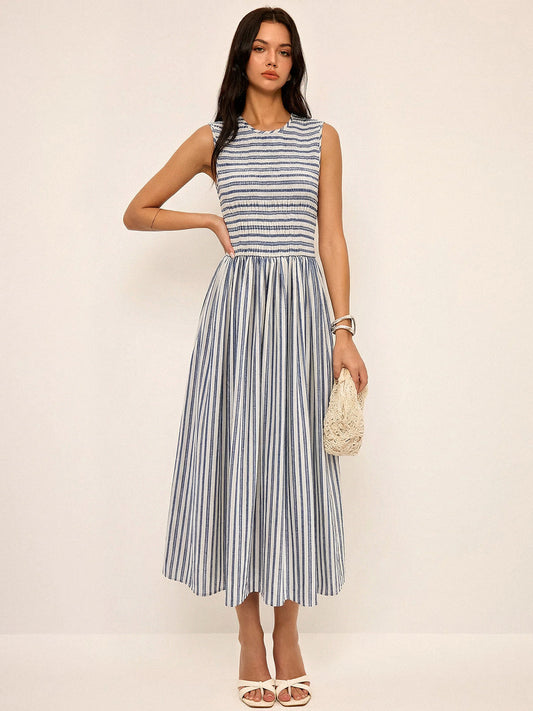 Striped Cotton Sleeveless Smocked Maxi Dress