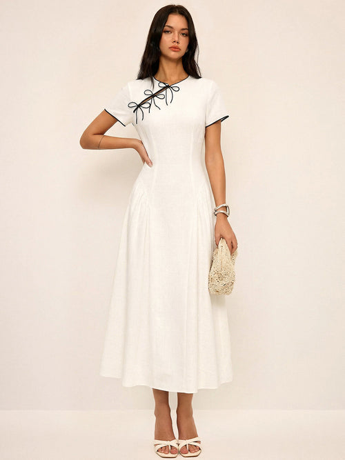 Bow Detail Cotton Cheongsam Midi Dress