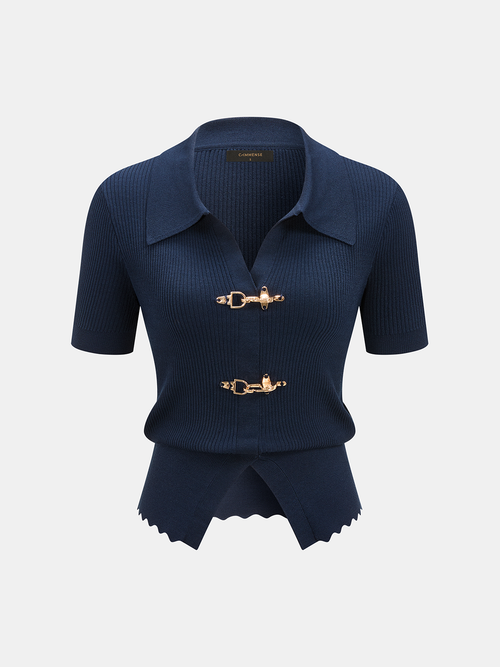 Short Sleeve Collared Buckle Rib Knit Top
