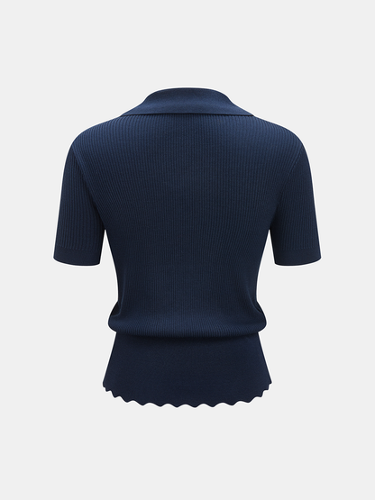 Short Sleeve Collared Buckle Rib Knit Top
