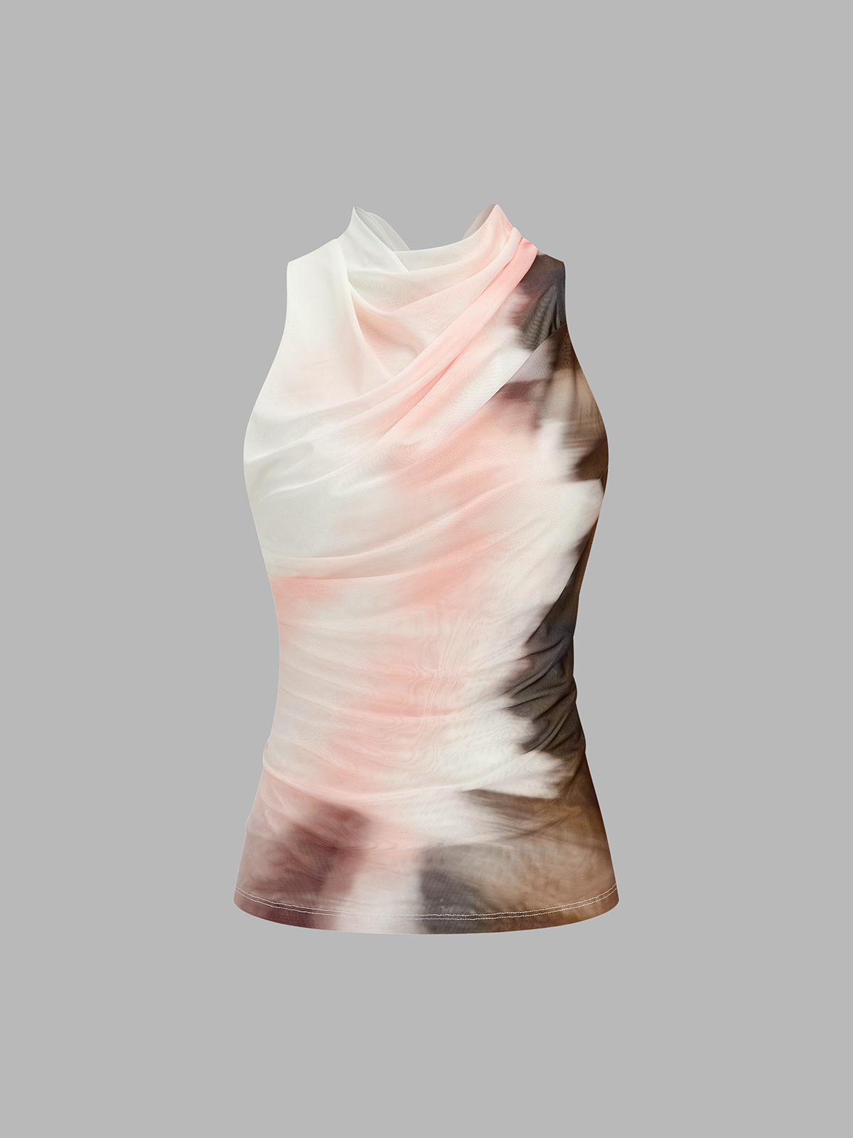 Tie-Dye Mesh Cowl Neck Sleeveless Top