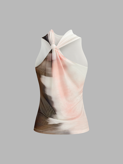 Tie-Dye Mesh Cowl Neck Sleeveless Top