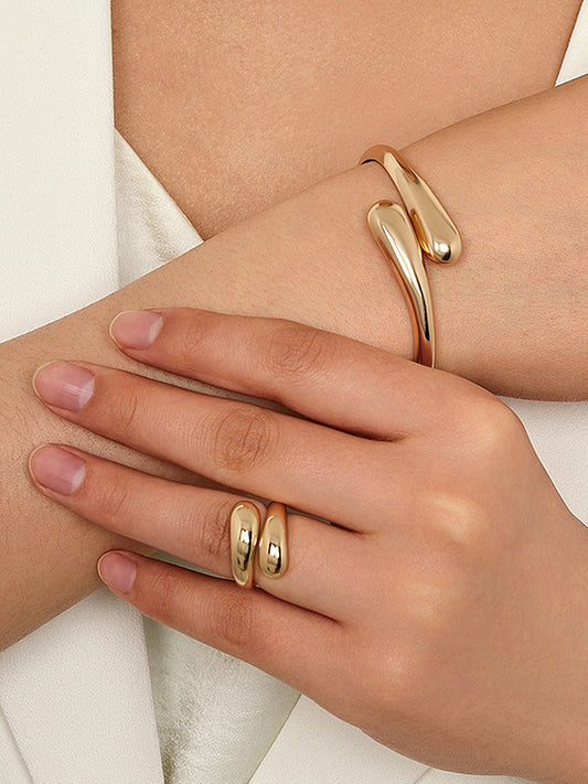 2Pcs Smooth Minimalist Open Bangle & Ring Set