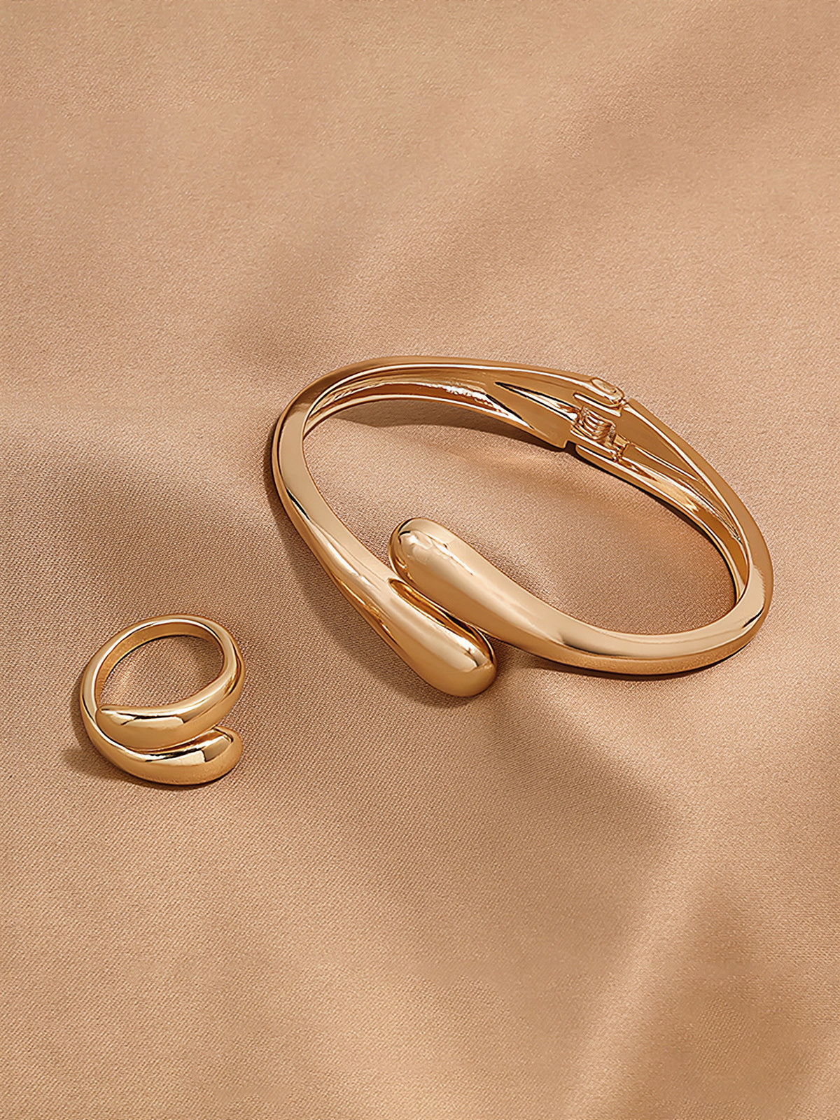2Pcs Smooth Minimalist Open Bangle & Ring Set