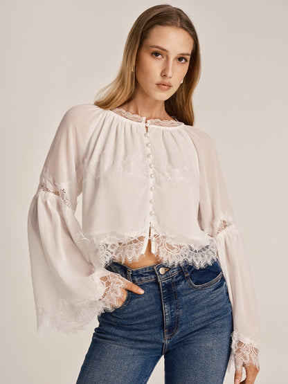 Sheer Chiffon Lace Trim Bell Sleeve Blouse
