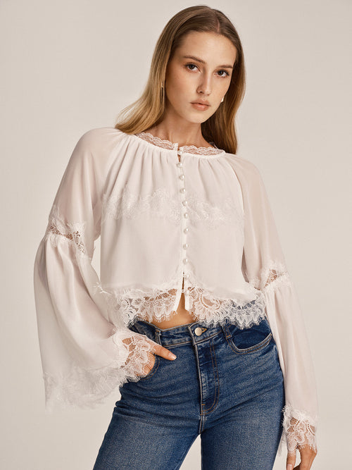 Sheer Chiffon Lace Trim Bell Sleeve Blouse