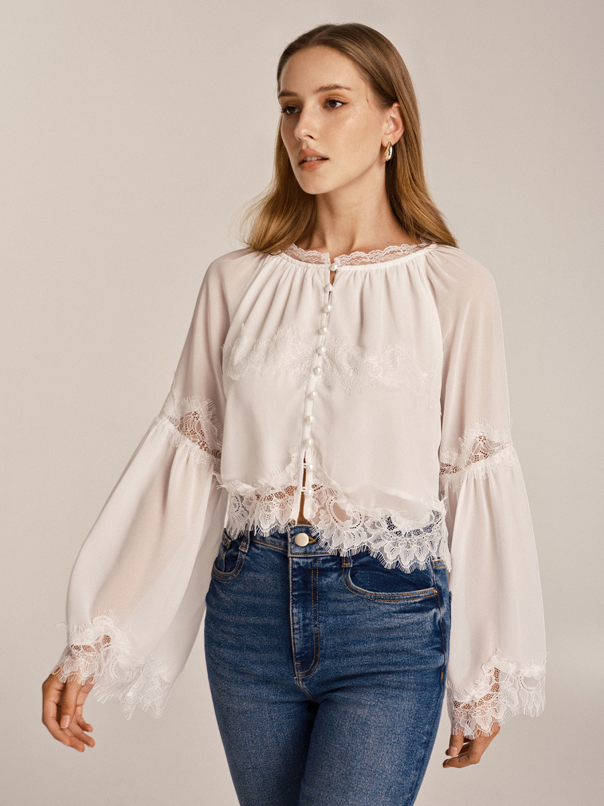 Sheer Chiffon Lace Trim Bell Sleeve Blouse