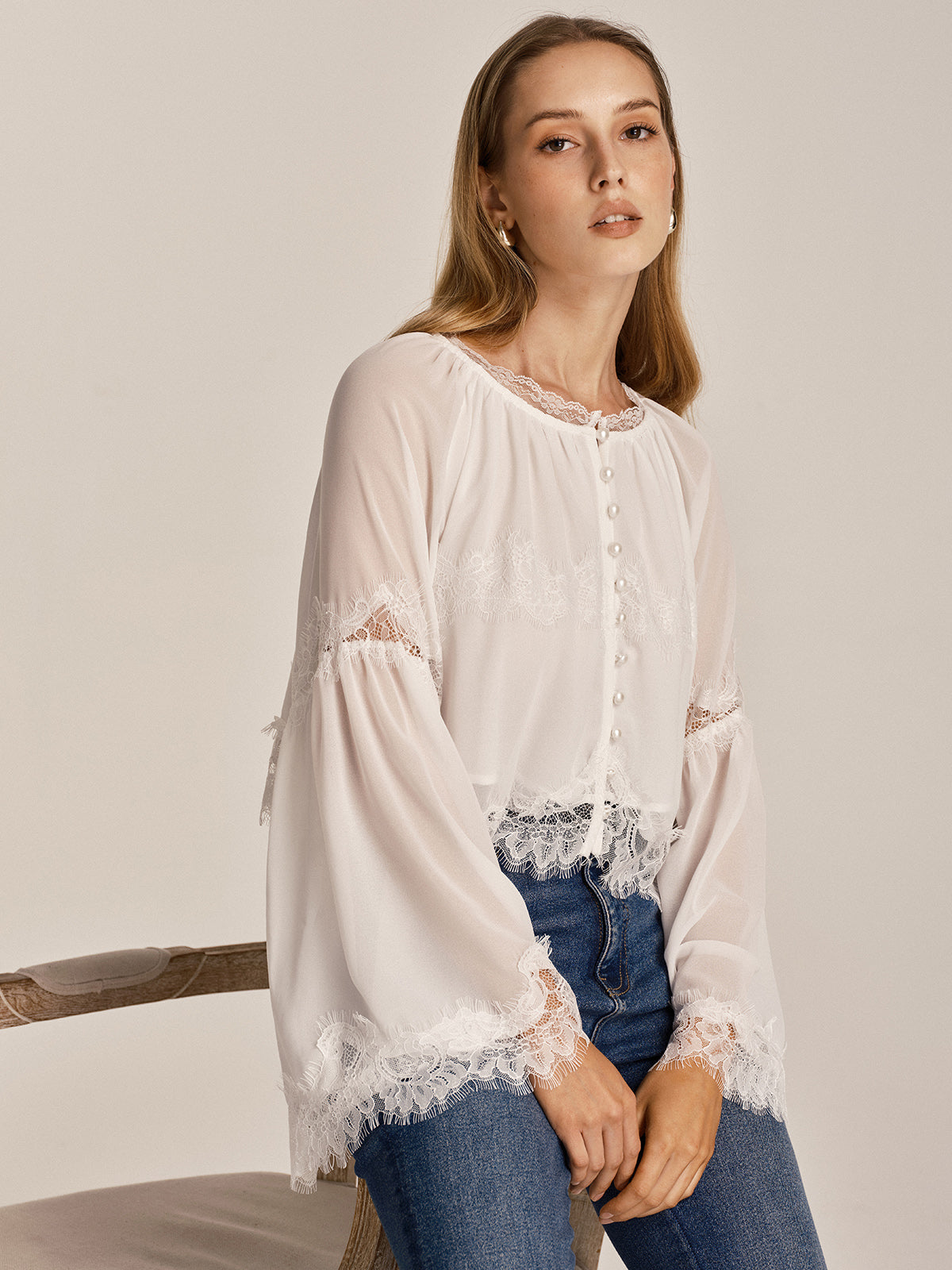 Sheer Chiffon Lace Trim Bell Sleeve Blouse