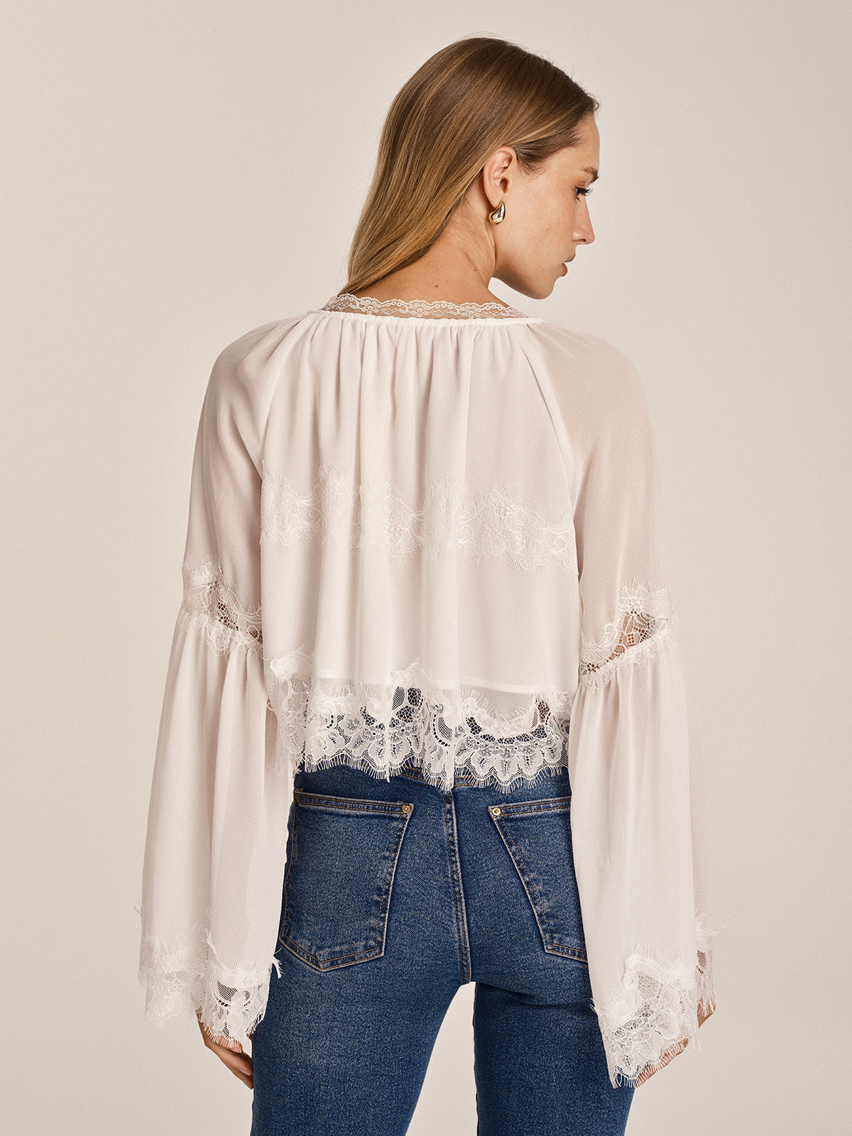 Sheer Chiffon Lace Trim Bell Sleeve Blouse