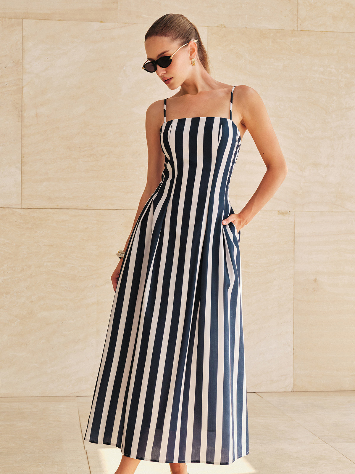 Pocketed Striped Cami Midi Dress