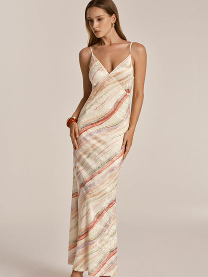 Colorful Wave Stripe Cami Mermaid Maxi Dress