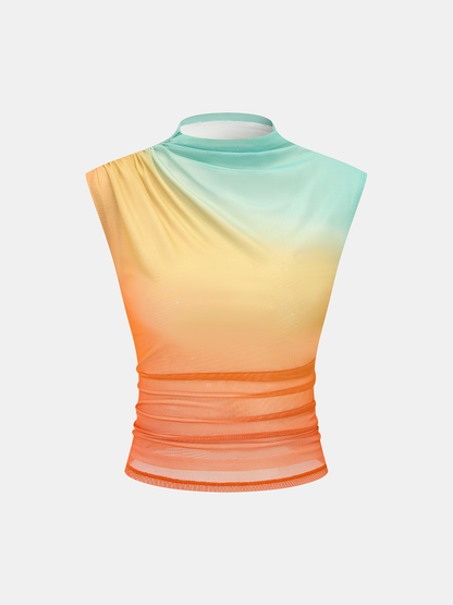 Rainbow Gradient Mesh Ruched Tank Top