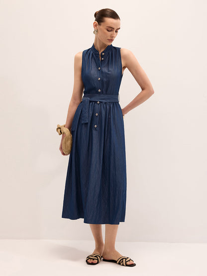 Cotton Blend Sleeveless Belted Maxi Dress