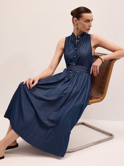 Cotton Blend Sleeveless Belted Maxi Dress