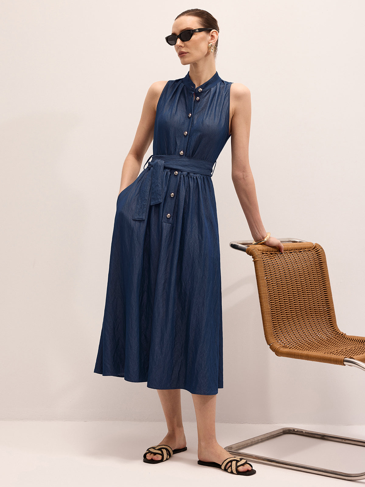 Cotton Blend Sleeveless Belted Maxi Dress