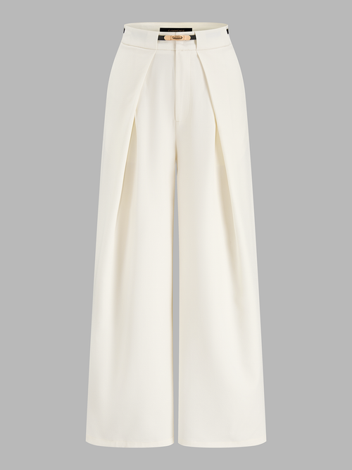 Mid Waist Belted Pleated Wide Leg Pants