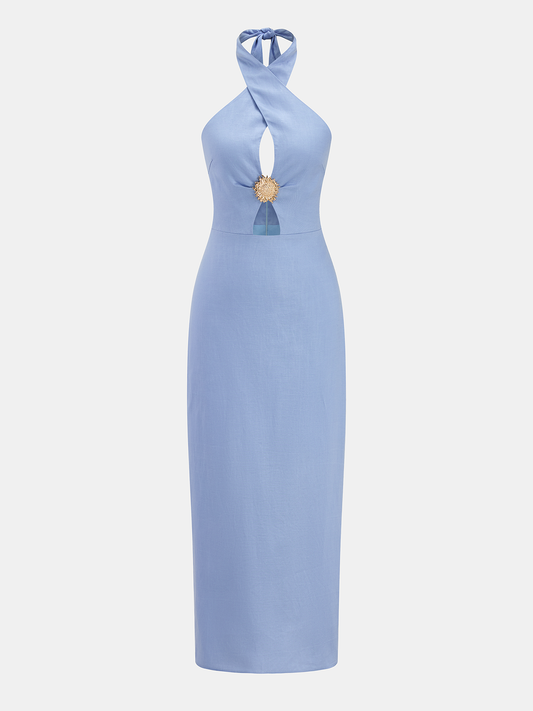 Halter Cutout Linen Blend Midi Dress