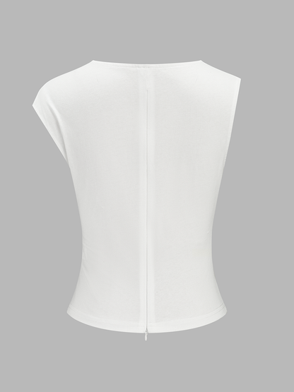 Cotton Ruched Asymmetrical Fitted Top