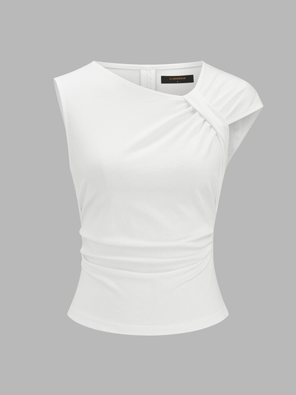 Cotton Ruched Asymmetrical Fitted Top