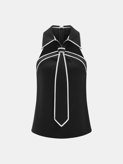Tie Detail Contrast Piping Sleeveless Blouse