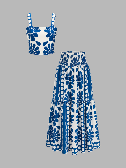 Floral Print Cami Top & Smocked Skirt Set