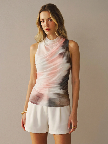 Tie-Dye Mesh Cowl Neck Sleeveless Top