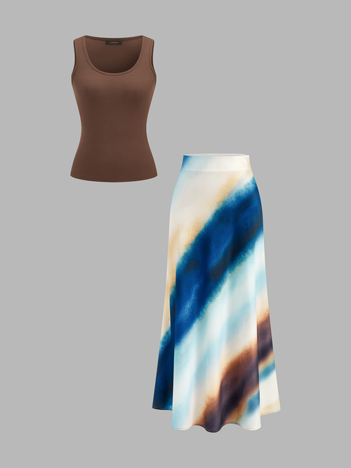 Tank Top & Ombre Watercolor Midi Skirt Set