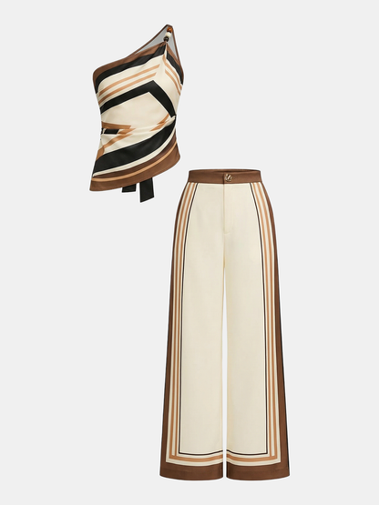 Printed One Shoulder Satin Top & Pants Set