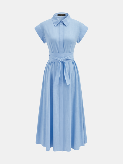 Cotton Belted Short Sleeve Midi Shirt Dress