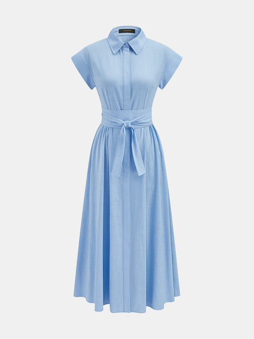 Cotton Belted Short Sleeve Midi Shirt Dress