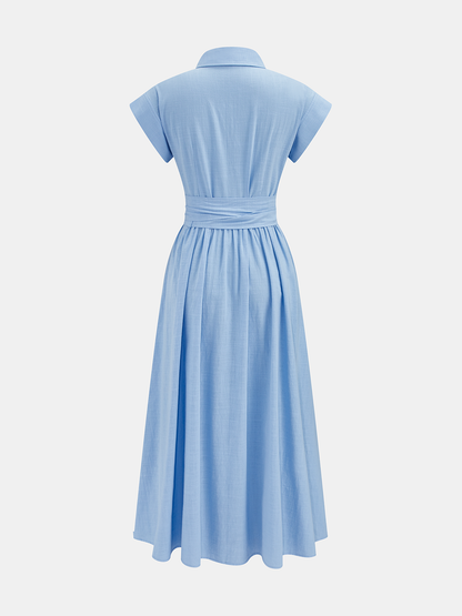 Cotton Belted Short Sleeve Midi Shirt Dress