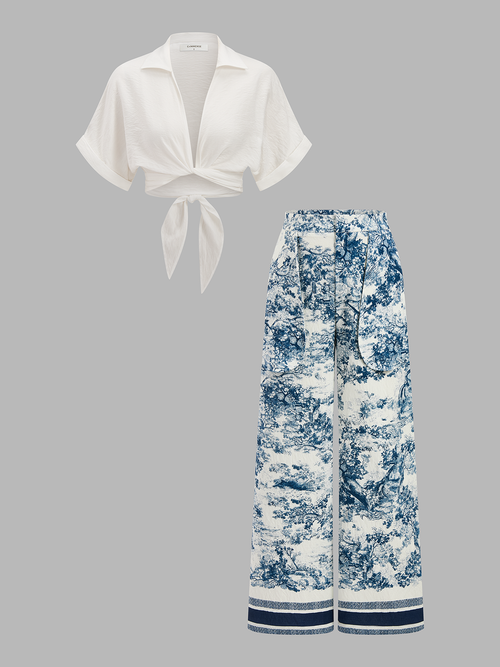 Twisted Crop Top & Toile Print Pants Set