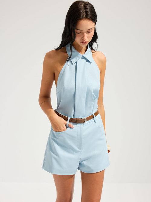Linen Blend Halter Top & Belted Shorts Set