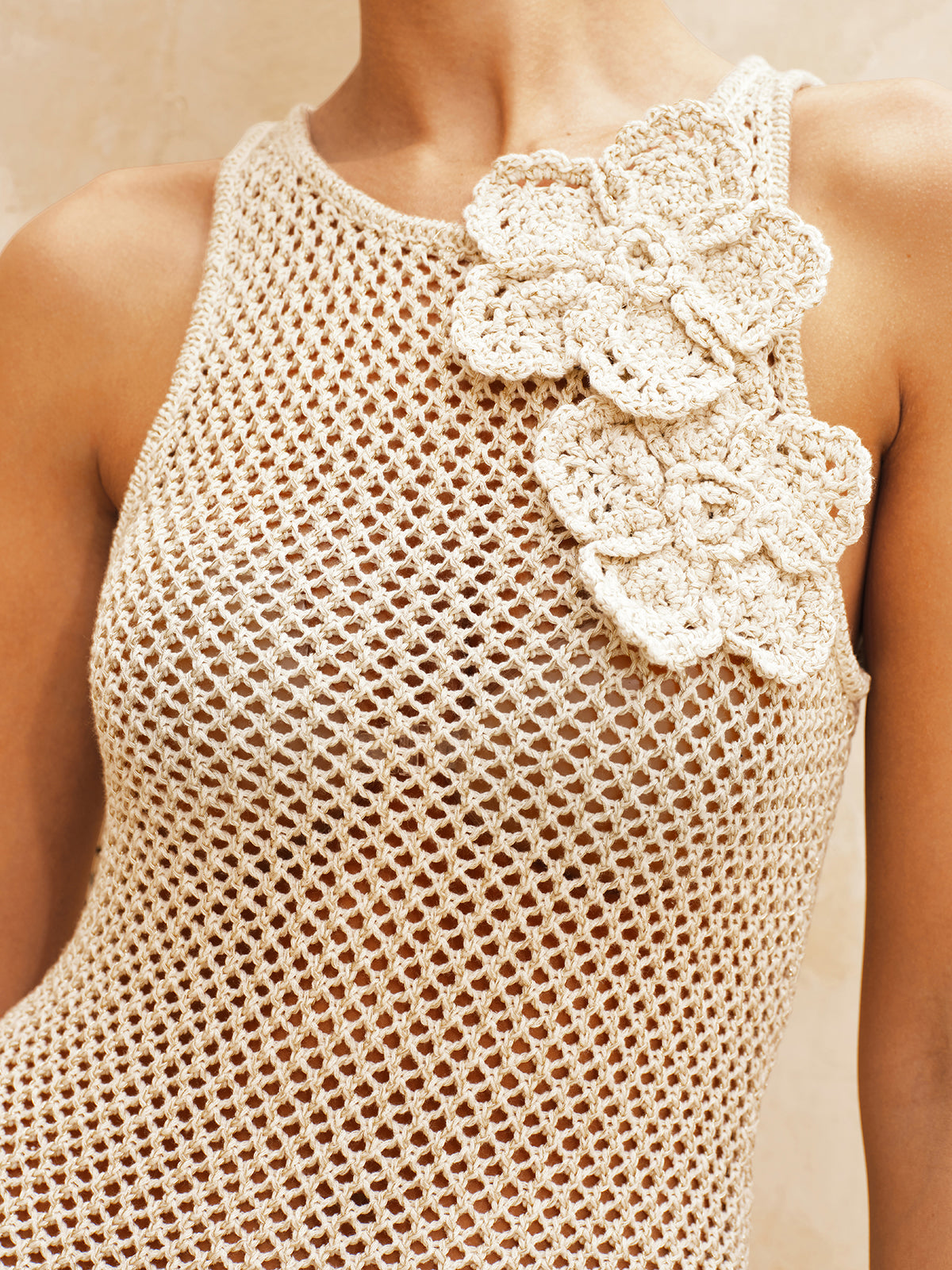 Crochet Flower Applique Sleeveless Mini Dress