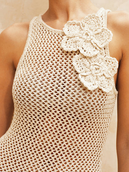 Crochet Flower Applique Sleeveless Mini Dress