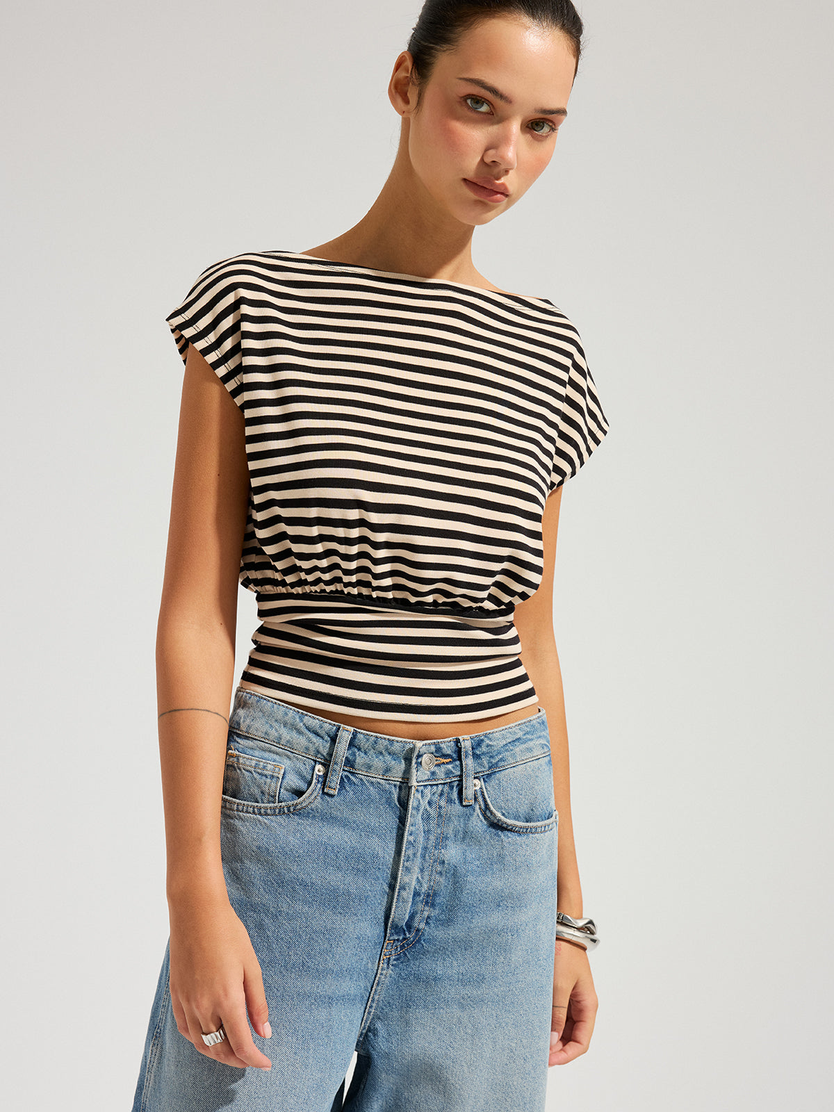 Striped Boat Neck Cinched Waist Top